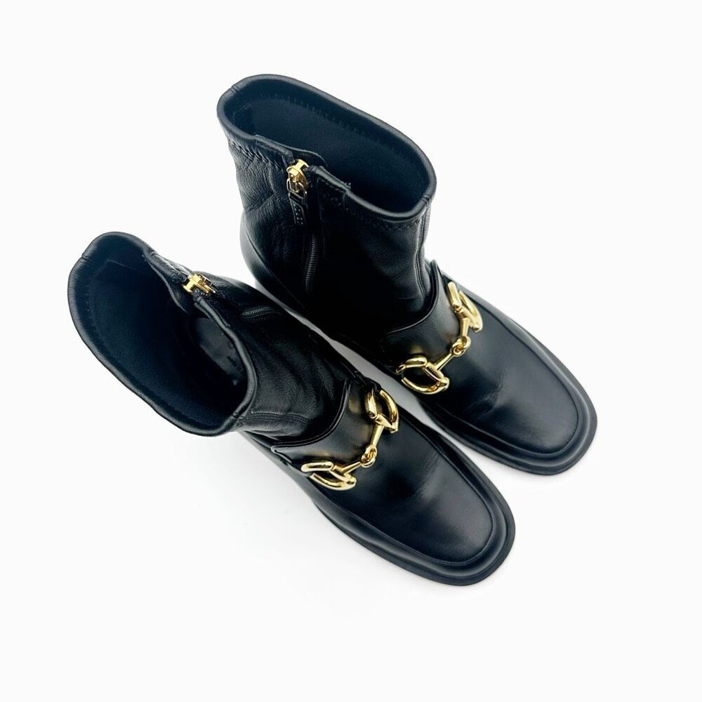GUCCI Baby Bit Black Leather Boot Size 37 Mid Heel Bootie Square Toe Horsebit - Picture 3 of 12